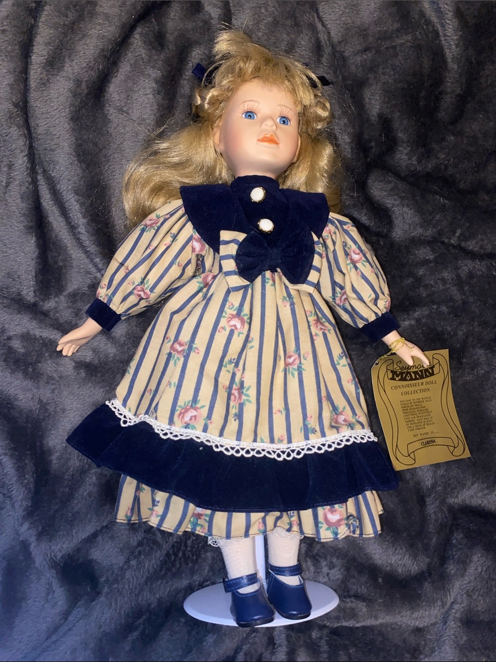 Vintage Seymour Mann Clarissa Porcelain Doll in Navy & Cream Floral Dress